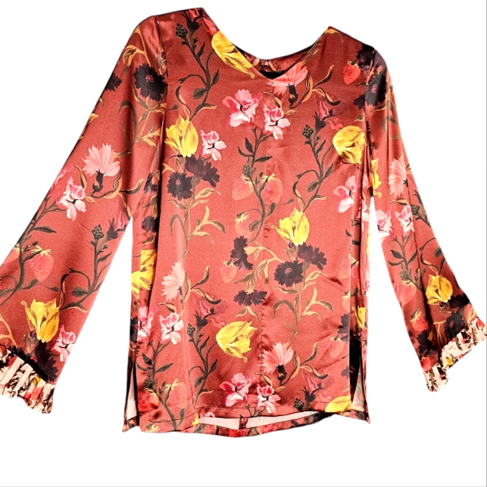Mother of Pearl Silk Floral Strawbery Burgundy Zip Back Ruffle Sleeve Blouse Sz2